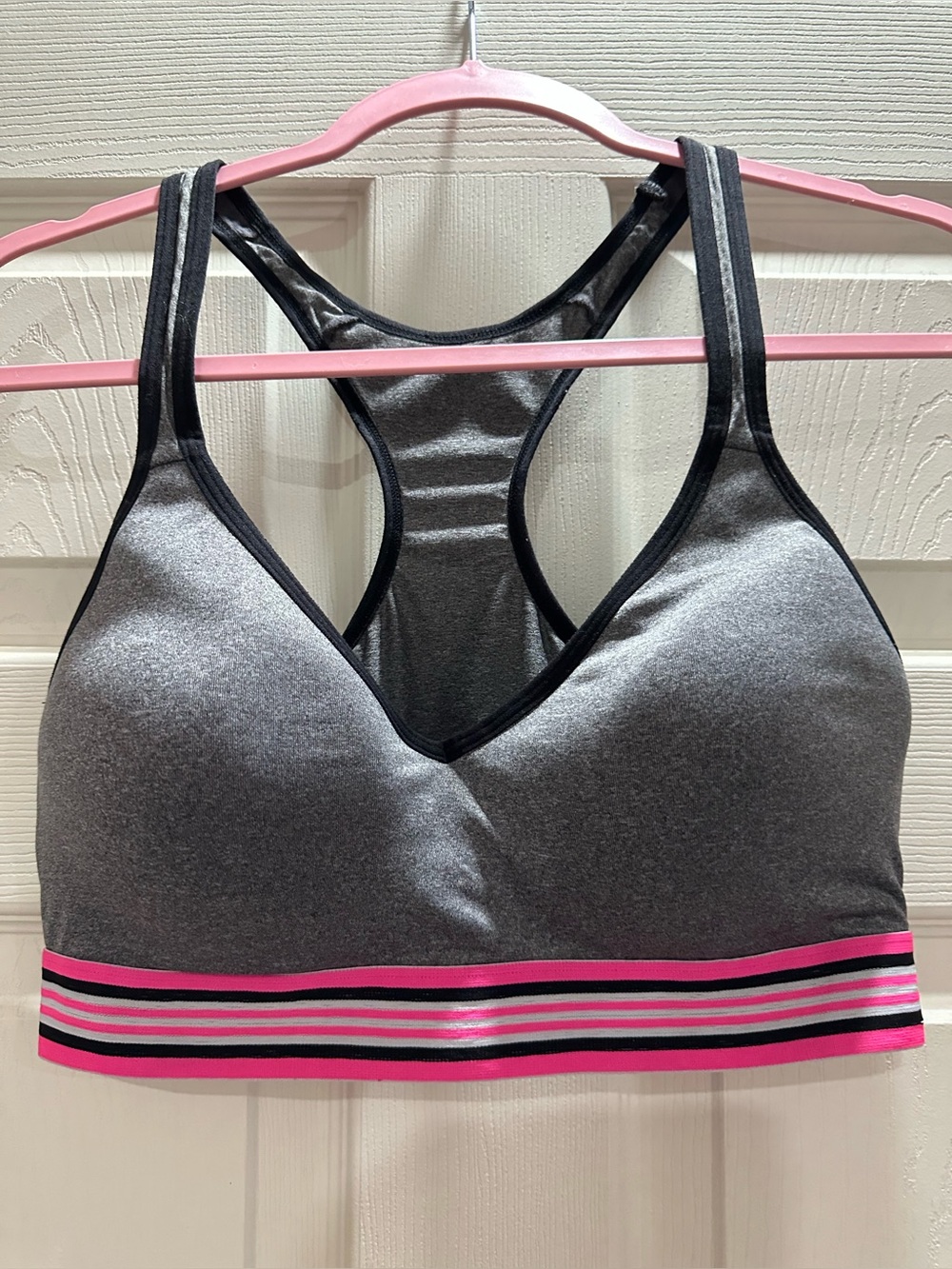 Fruit of the Loom Gray Racerback Sports Bra with Pink & Black Striped Band
